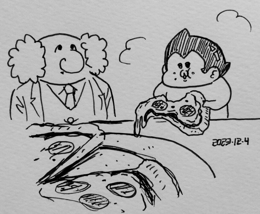 2023 2boys :3 atom_(tetsuwan_atom) bald chibi dated eating fat fat_man food highres holding holding_food koutarosu monochrome multiple_boys parody pizza professor_ochanomizu smile spiked_hair standing style_parody tetsuwan_atom traditional_media white_background