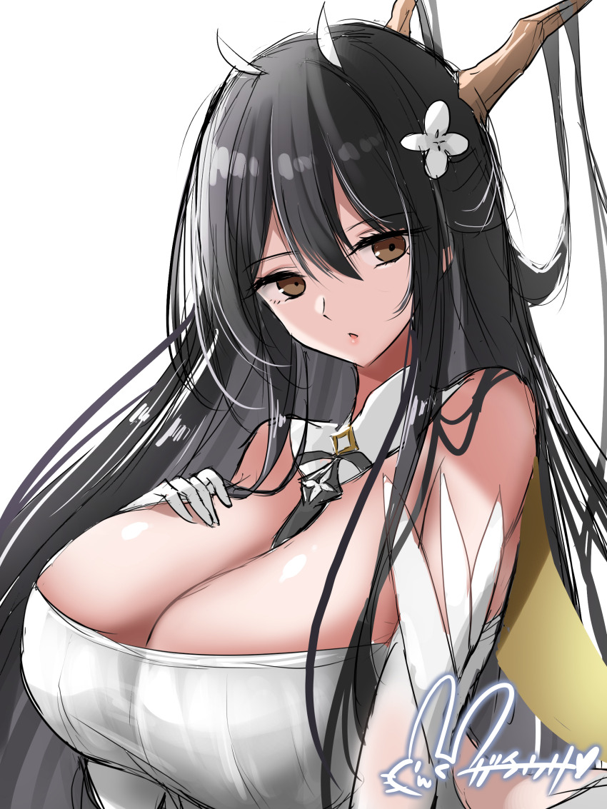 1girl absurdres artist_logo azur_lane bare_shoulders black_hair breasts brown_eyes cleavage commentary_request detached_collar elbow_gloves flower gloves hair_between_eyes hair_flower hair_ornament hand_on_own_chest highres hisin huge_breasts indomitable_(azur_lane) logo long_hair simple_background solo upper_body very_long_hair white_background white_flower white_gloves