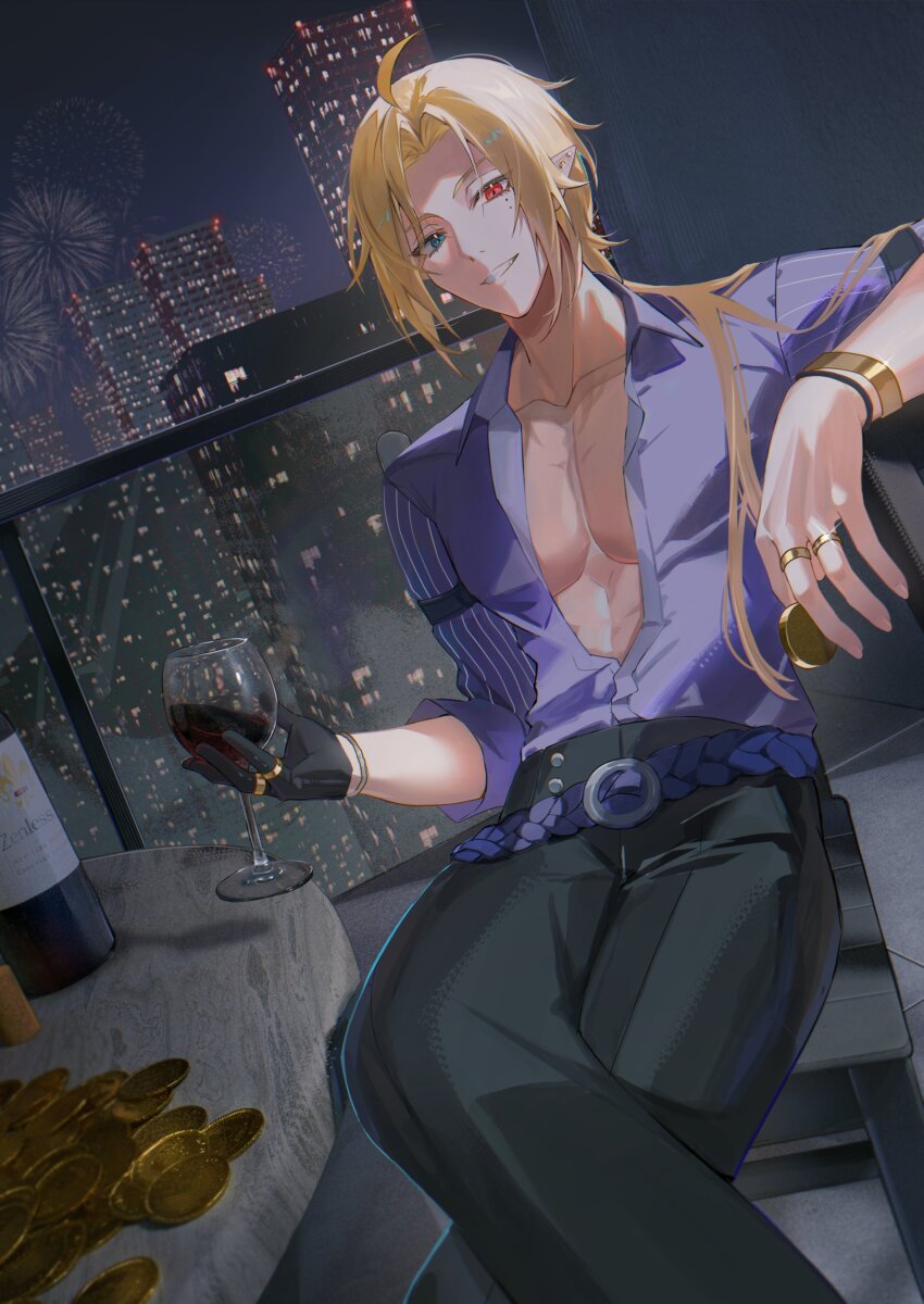 1boy absurdres black_gloves black_pants blonde_hair chamaru5963 cityscape coin collared_shirt cup drinking_glass gloves gold_ring heterochromia highres holding holding_coin holding_cup hugo_vlad jewelry long_hair male_focus multiple_rings muscular night open_clothes open_shirt pants purple_shirt ring shirt single_glove sitting smile wine_glass zenless_zone_zero