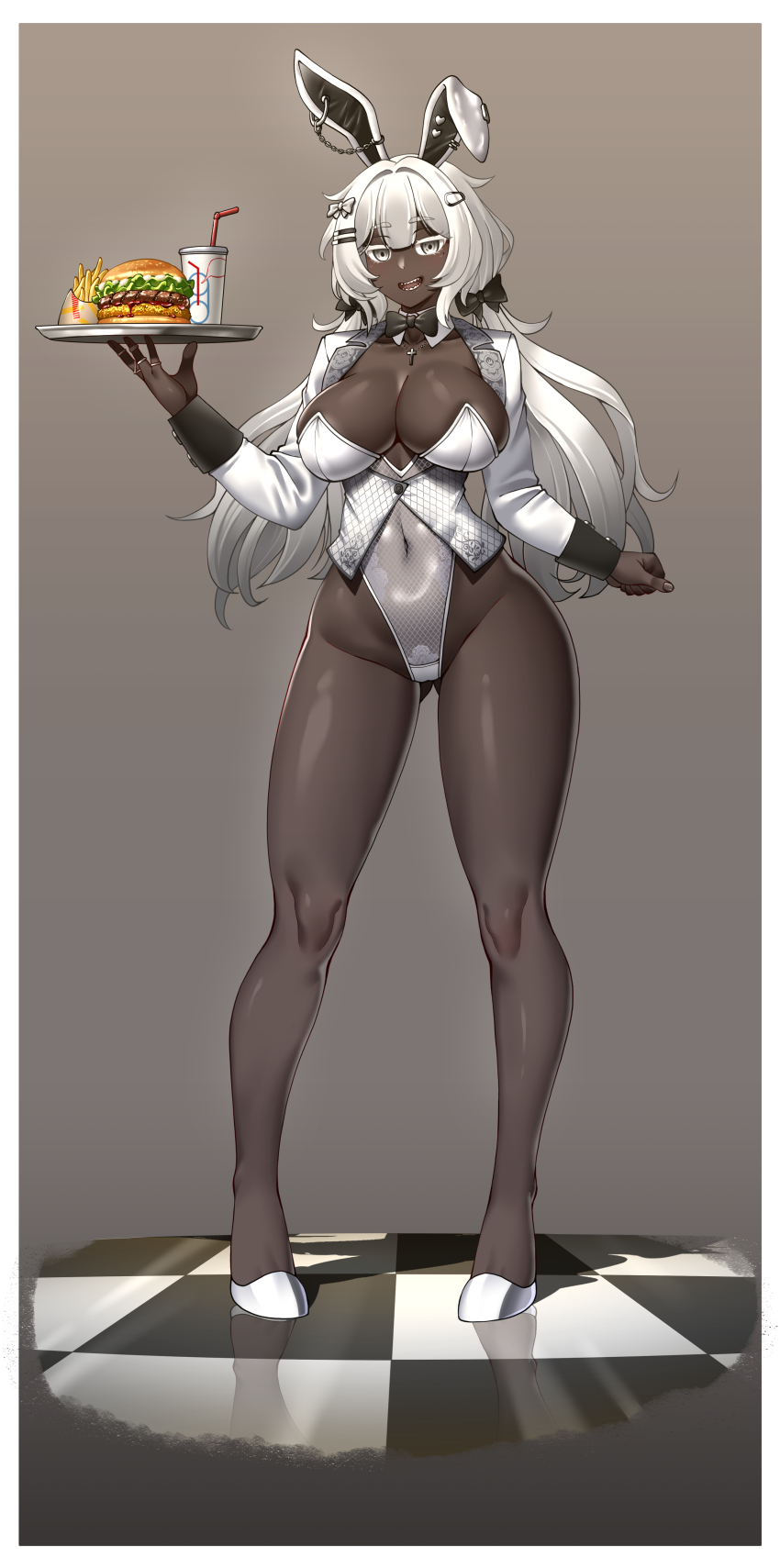 1girl absurdres animal_ear_piercing animal_ears breasts burger bursting_breasts chain cross cross_necklace cup dark-skinned_female dark_skin deep_skin detached_collar disposable_cup drinking_straw ear_piercing food food_tray french_fries full_body grey_eyes highleg highleg_leotard highres hitch_(perotoss) holding holding_tray jacket jewelry large_breasts leotard long_hair long_sleeves looking_at_viewer low_twintails necklace open_mouth original piercing plate playboy_bunny revealing_clothes ring sagging_breasts sharp_teeth smile solo standing strapless strapless_leotard teeth tray twintails very_dark_skin white_hair white_jacket white_leotard