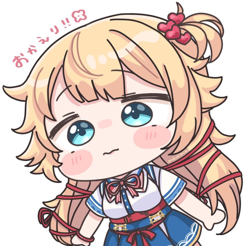 1girl akai_haato akai_haato_(1st_costume) blonde_hair blue_eyes blue_skirt blush_stickers breasts chibi closed_mouth collared_shirt commentary_request dress_shirt hair_ornament heart heart_hair_ornament hololive long_hair medium_breasts mochimiko pleated_skirt shirt short_sleeves simple_background skirt solo translation_request very_long_hair virtual_youtuber wavy_mouth white_background white_shirt