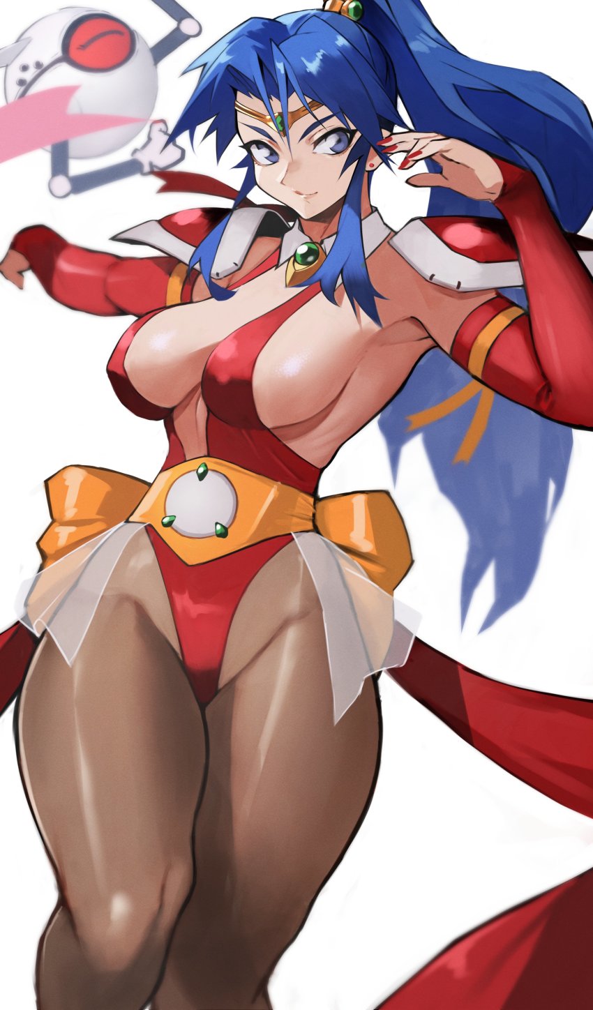 1girl absurdres armor ball_boy blue_eyes blue_hair breasts choujin_gakuen_gowcaizer covered_erect_nipples high_heels highleg highleg_leotard highres hishizaki_shaia_(gowcaizer) idol leotard looking_at_viewer midriff_peek nail_polish pantyhose ponytail revealing_clothes ribbon robot see-through_clothes shoulder_armor shoulder_pads sideboob simple_background smile solo thick_thighs thighs tiara transparent white_background yoshio_(55level)