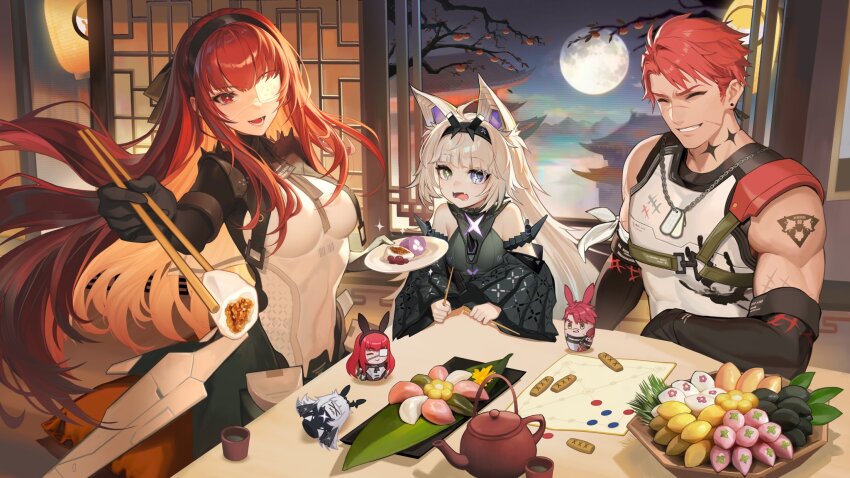 1boy 2girls architecture chopsticks dessert drooling east_asian_architecture food full_moon highres moon multiple_girls no._21:_feral_scent_(pgr) no._21_(pgr) noctis_(pgr) official_art punishing:_gray_raven sweets teapot vera:_rozen_(pgr) vera_(pgr)