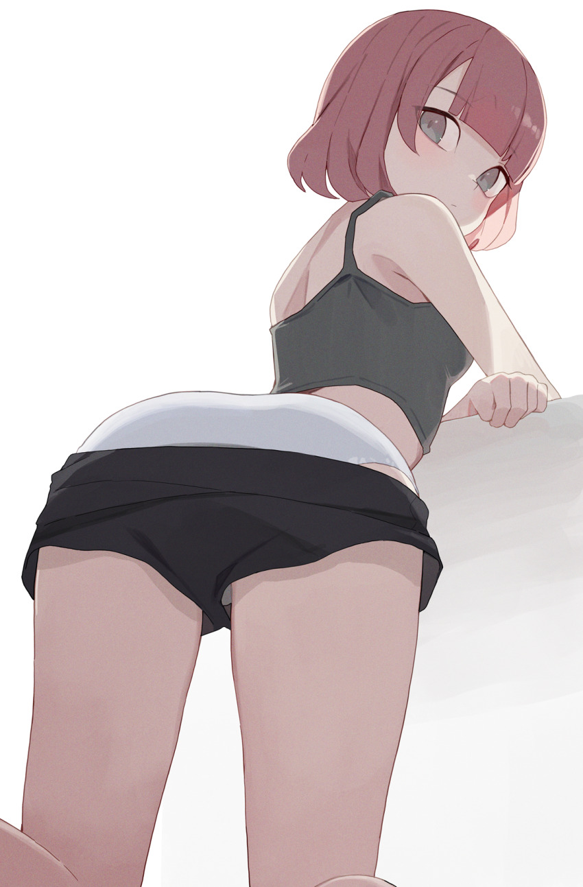 1girl ass black_shirt black_shorts blush breasts clothes_pull crossed_arms from_behind grey_eyes highres hiroki_(yyqw7151) kneeling leaning_forward looking_at_viewer looking_back original panties red_hair shirt short_hair shorts shorts_pull small_breasts tank_top underwear white_background white_panties