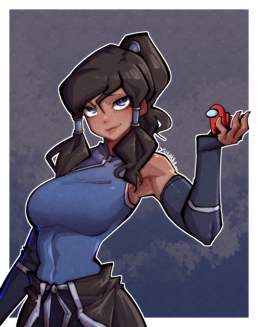 1girl absurdres among_us armpits artist_name avatar_legends bare_shoulders blue_background blue_eyes blue_shirt blue_sleeves border breasts brown_hair closed_mouth crewmate_(among_us) dark-skinned_female dark_skin detached_sleeves hair_tubes highres korra large_breasts lips long_hair looking_at_viewer outline ponytail red_(among_us) shirt solo the_legend_of_korra upper_body white_border white_outline yutakke