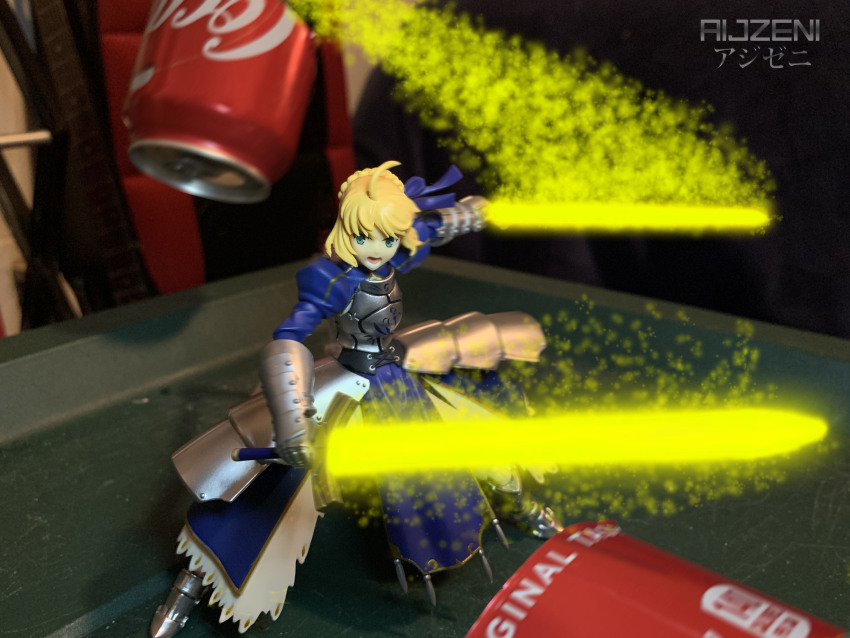 1girl 2019 absurdres action_figure ahoge aijzeni aniplex armor armored_dress artoria_pendragon_(fate) blonde_hair blue_eyes braid coke dress fate/stay_night fate/zero fate_(series) figma figma_stand figure highres max_factory photo_(medium) saber_(fate) screaming self-upload sword toy type-moon weapon