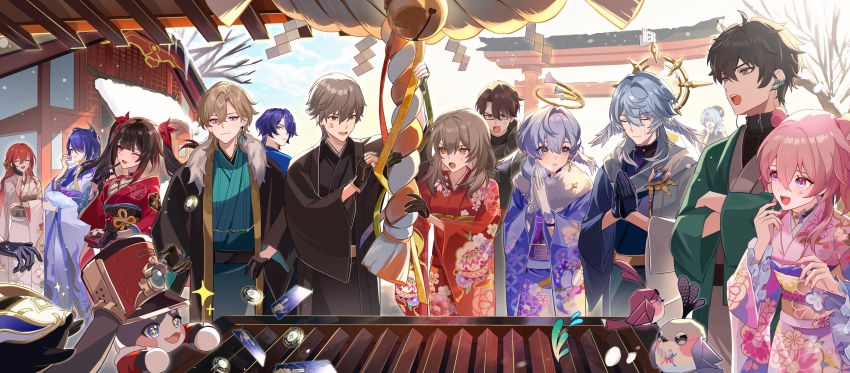 2others 6+boys 6+girls absurdres acheron_(honkai:_star_rail) alternate_costume architecture aventurine_(honkai:_star_rail) bare_tree black_choker black_gloves black_hair black_kimono blue_hair caelus_(honkai:_star_rail) choker commentary_request crossed_arms dan_heng_(honkai:_star_rail) dr._ratio_(honkai:_star_rail) east_asian_architecture feathered_wings floral_print floral_print_kimono fur_trim gloves green_kimono grey_hair halo halo_behind_head hatsumoude head_wings highres himeko_(honkai:_star_rail) honkai:_star_rail honkai_(series) japanese_clothes kass_(jtsp0) kimono long_hair march_7th_(honkai:_star_rail) medium_hair misha_(honkai:_star_rail) multiple_boys multiple_girls multiple_others new_year numby_(honkai:_star_rail) origami_bird_(honkai:_star_rail) out_of_frame own_hands_together palms_together pink_hair pink_kimono pom-pom_(honkai:_star_rail) praying print_kimono purple_hair purple_kimono red_hair red_kimono revision robin_(honkai:_star_rail) short_hair sparkle_(honkai:_star_rail) stelle_(honkai:_star_rail) sunday_(honkai:_star_rail) topaz_(honkai:_star_rail) torii trailblazer_(honkai:_star_rail) tree trotter_(honkai:_star_rail) welt_yang white_gloves wings winter