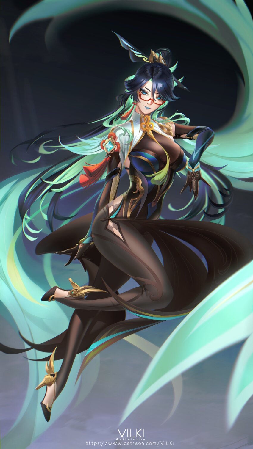 1girl absurdres alternate_form anemo_symbol_(genshin_impact) aqua_eyes aqua_lips arm_behind_back artist_name black_bodysuit black_dress black_hair black_pantyhose black_shoes bodystocking bodysuit breasts chinese_hairpin closed_mouth colored_inner_hair commentary dress earrings fingernails full_body genshin_impact glasses gold_high_heels gradient_background green_hair hair_between_eyes hashtag-only_commentary high_heels highres hip_vent jewelry large_breasts long_hair long_sleeves looking_at_viewer looking_over_eyewear multicolored_hair neck_tassel pantyhose parted_bangs ponytail red-framed_eyewear semi-rimless_eyewear sharp_fingernails shoes skindentation solo tassel tassel_earrings twitter_username two-tone_hair under-rim_eyewear very_long_hair vilkichan vision_(genshin_impact) wide_hips xianyun_(genshin_impact)