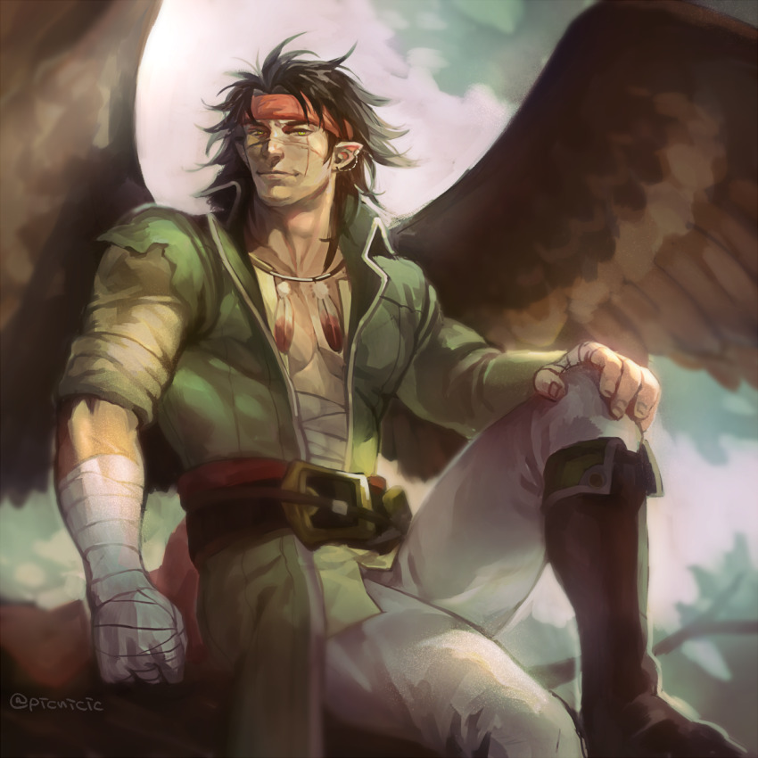 1boy bare_pectorals belt black_hair boots commentary_request cross_scar ear_chain feather_necklace fire_emblem fire_emblem:_path_of_radiance hand_on_own_knee headband highres jewelry laguz_(fire_emblem) male_focus necklace nintendo open_clothes pectorals picnicic pointy_ears scar scar_on_face sitting solo tibarn_(fire_emblem) twitter_username wings yellow_eyes