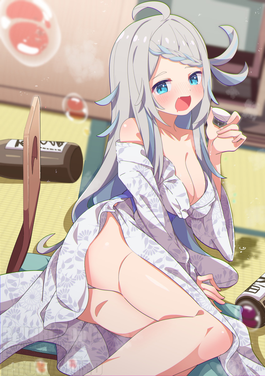 1girl absurdres ahoge alternate_costume arm_support ass blue_eyes blue_hair blurry blurry_background blush bottle braid braided_bangs breasts bubble choko_(cup) cleavage collarbone commission cup drooling drunk fang grey_hair highres holding holding_cup indoors japanese_clothes kimono large_breasts long_hair long_sleeves looking_at_viewer lying mouth_drool multicolored_hair off_shoulder on_floor on_side open_mouth original panties panty_peek print_kimono shiro9jira sitting skeb_commission smile solo streaked_hair sword tatami thighs underwear weapon white_kimono white_panties wooden_sword yukata