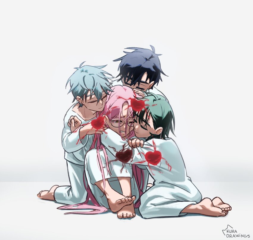 2boys 2girls aged_down alien_stage barefoot black_hair child closed_eyes commentary crying dress english_commentary glasses heart highres hug ivan_(alien_stage) kuradrawings long_hair mizi_(alien_stage) multiple_boys multiple_girls pants pink_hair shirt short_hair signature sua_(alien_stage) till_(alien_stage) very_long_hair white_dress white_pants white_shirt yellow_eyes