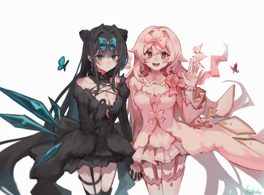 2girls arcaea bare_shoulders black_dress black_gloves black_hair blue_eyes blunt_bangs bow breasts butterfly_hair_ornament cleavage collarbone cowboy_shot crystal_wings detached_wings dress earrings flower food garter_straps gloves hair_bow hair_ornament highres hika_q hikari_(arcaea) hikari_(fatalis)_(arcaea) holding holding_food interlocked_fingers jewelry large_breasts long_hair long_sleeves mechanical_wings medium_breasts multiple_girls pink_bow pink_eyes pink_flower pink_hair sidelocks smile solo tairitsu_(arcaea) tairitsu_(tempest)_(arcaea) thighhighs thighs white_dress white_gloves white_thighhighs wide_sleeves wings yuri