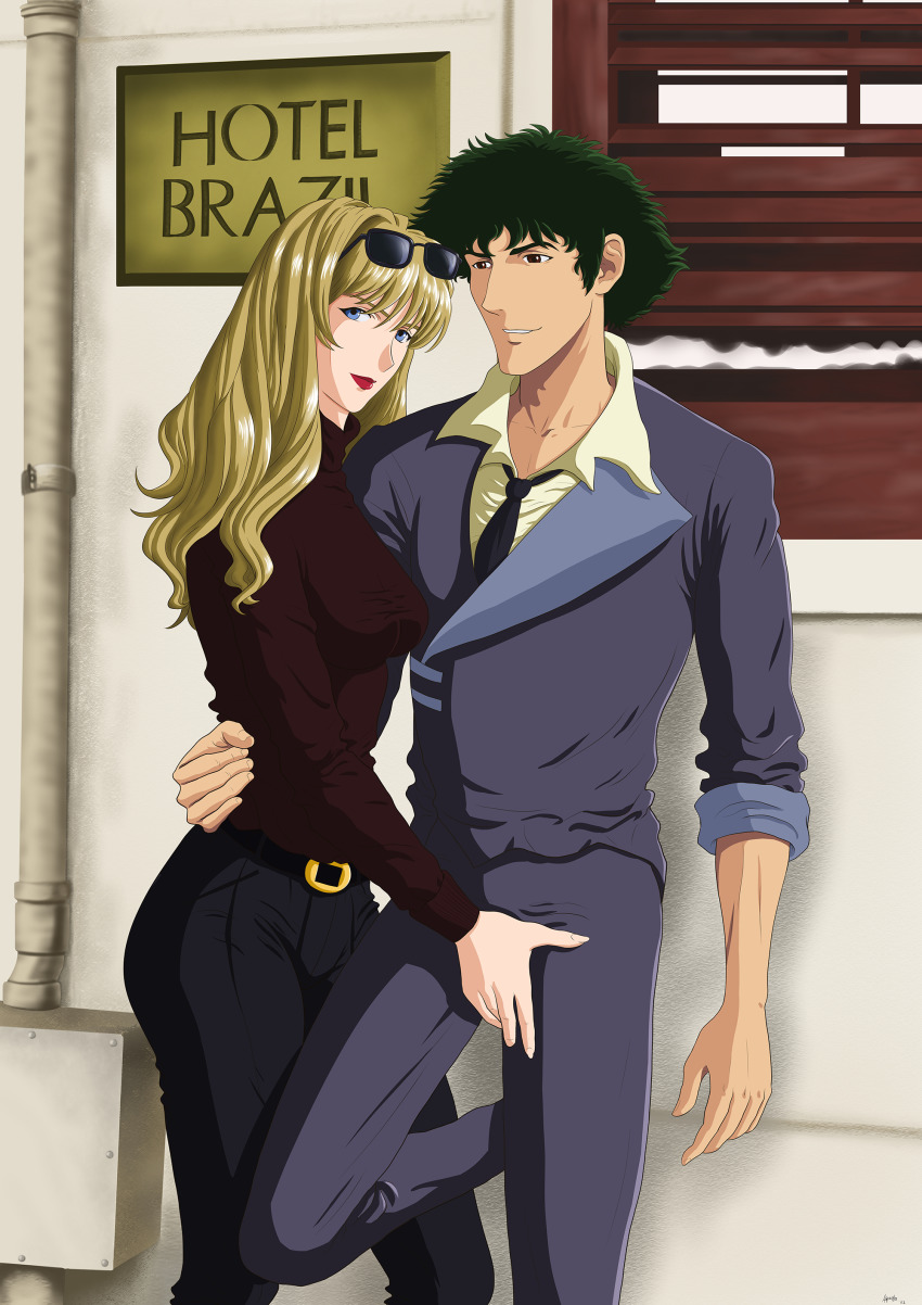 1boy 1girl absurdres blonde_hair blue_eyes brown_eyes couple cowboy_bebop curls flower green_hair hand_on_penis highres julia_(cowboy_bebop) nekro-comix rose skirt spike_spiegel sunglasses sunglasses_on_head sweater turtleneck turtleneck_sweater
