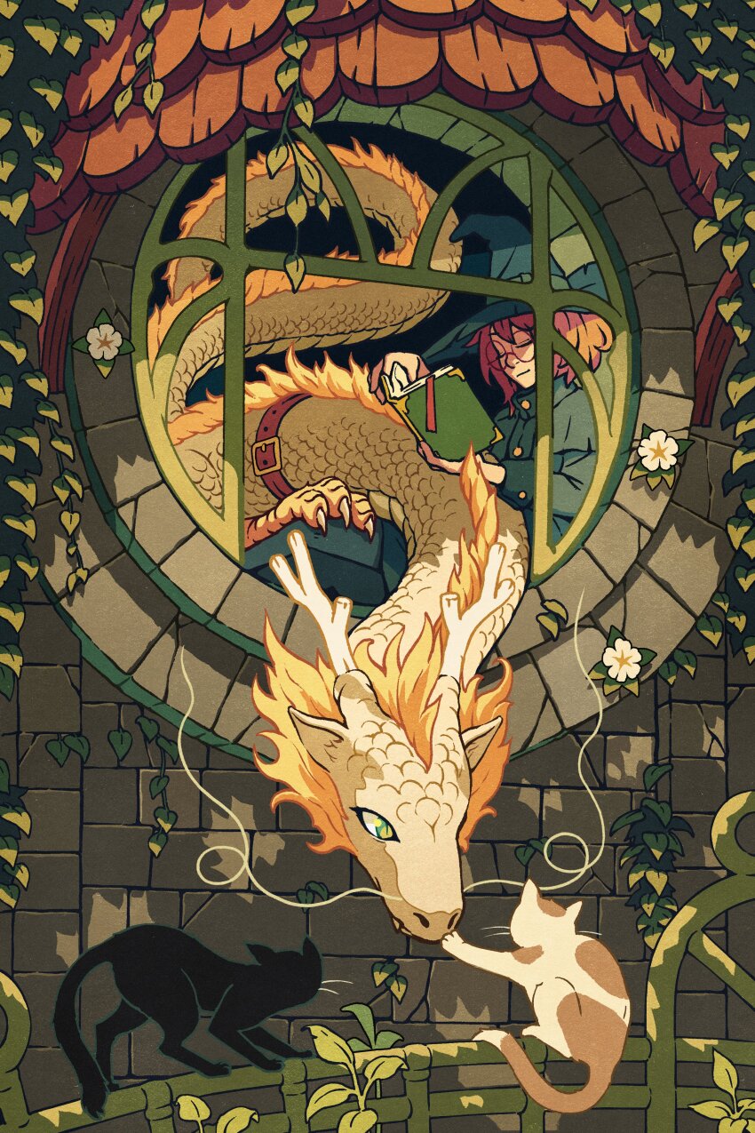 1girl absurdres against_window antlers aqua_dress aqua_hat belt black_cat book building cat claws closed_eyes closed_mouth commentary dappled_sunlight day dragon dress eastern_dragon english_commentary flower from_outside green_eyes green_ribbon hat hat_ribbon highres holding holding_book horns ivy kevin_hong long_sleeves medium_hair nostrils on_windowsill open_book orange_hair original pointy_ears red_hair ribbon stone_wall sunlight trellis whiskers white_flower window witch witch_hat yellow_scales