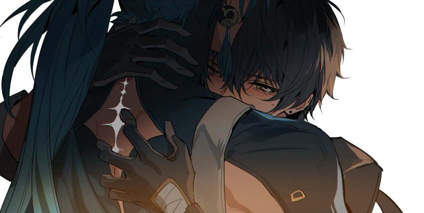 2boys back_cutout black_gloves black_hair blue_hair blush clothing_cutout commentary earrings gloves hair_between_eyes hand_on_another&#039;s_back hand_on_another&#039;s_neck hashtag-only_commentary highres hug jewelry jiyan_(wuthering_waves) long_hair male_focus male_rover_(wuthering_waves) multiple_boys piercing ponytail rover_(wuthering_waves) short_hair simple_background stud_earrings tacet_mark_(wuthering_waves) tassel tassel_earrings upper_body very_long_hair white_background xiandao1213 yaoi yellow_eyes