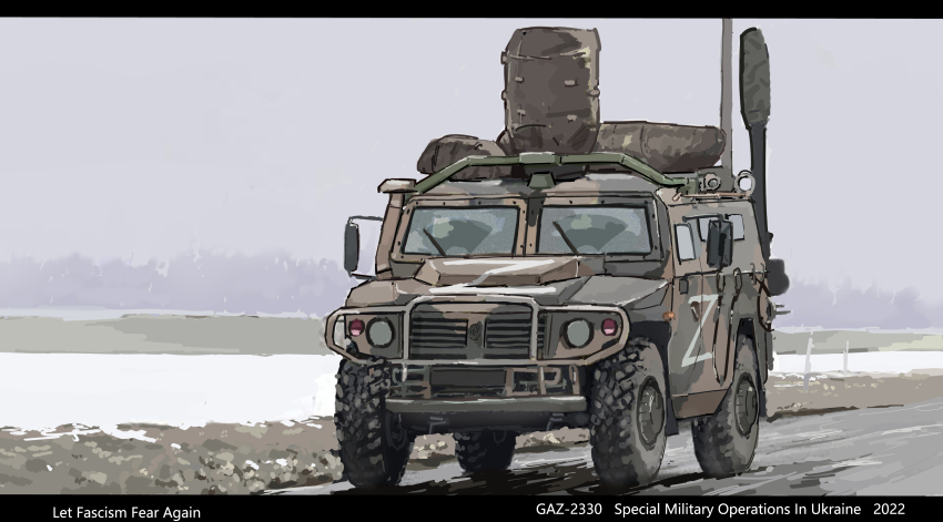 2022 absurdres alphabet armored_personnel_carrier armored_vehicle car english_text highres letterboxed military military_truck military_vehicle motor_vehicle muted_color no_humans original outdoors russia russian_ground_forces russo-ukrainian_war shovei_industry side-view_mirror sports_utility_vehicle truck ukraine ukrainian_ground_forces vehicle_focus vehicle_name wipers z_(russian_symbol)