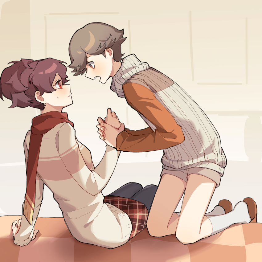 1boy 1girl amada_ken black_pantyhose brown_background brown_hair brown_shorts brown_sweater checkered_blanket commentary_request eca_leaf hand_grab highres long_sleeves looking_at_another open_mouth orange_eyes pantyhose persona persona_3 persona_3_portable red_eyes red_scarf red_skirt scarf shiomi_kotone short_hair shorts sitting skirt socks sweater white_socks