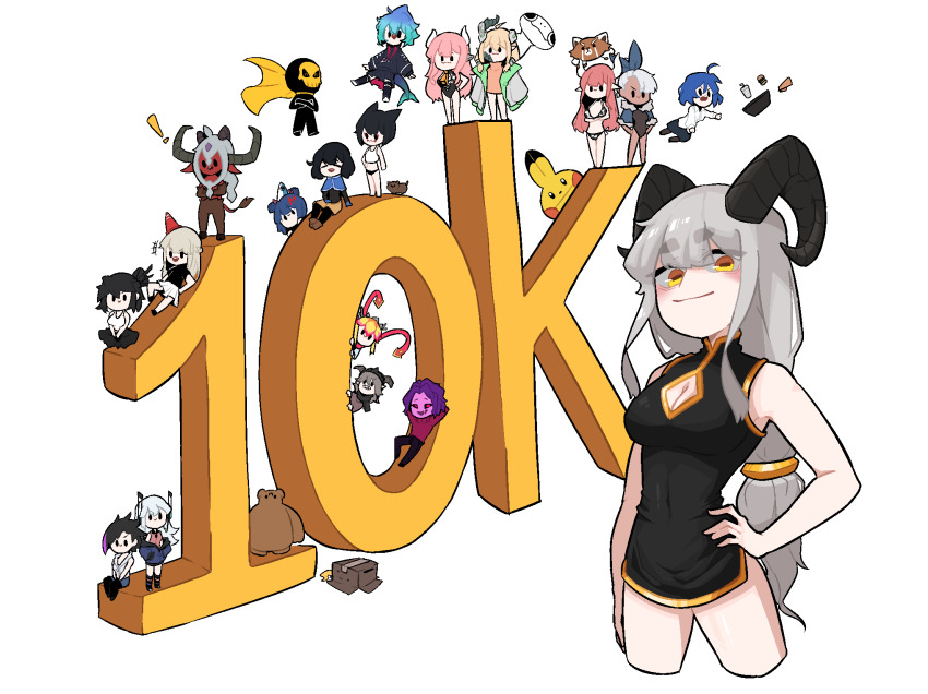 6+girls baphomet_(niking) black_dress black_horns blush bolt_(min_lona) borrowed_character character_request china_dress chinese_clothes cleavage_cutout clothing_cutout cropped_legs digitan_(porforever) dress grey_hair hand_on_own_hip highres horns krampus_(33dot) long_hair low-tied_long_hair lucia_(scott_malin) milestone_celebration min_lona multiple_girls noemi_(piku184) original mako_(azuumori) sirena_(tostantan) skye_(hcnone) sleeveless sleeveless_dress solo_focus too_many_borrowed_characters very_long_hair white_background yellow_eyes