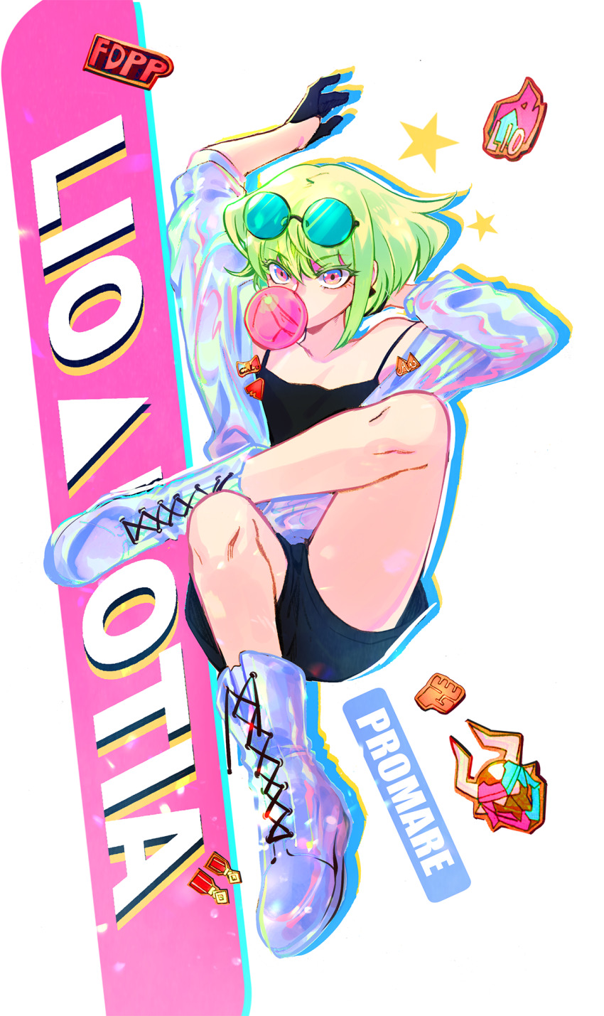 1boy androgynous bae_(baebae) black_gloves blowing_bubble_gum blowing_bubbles boots chewing_gum crossed_legs eyewear_on_head gloves green_hair half_gloves highres lace-trimmed_boots lace_trim lio_fotia male_focus promare purple_eyes shiny_clothes shorts solo trap