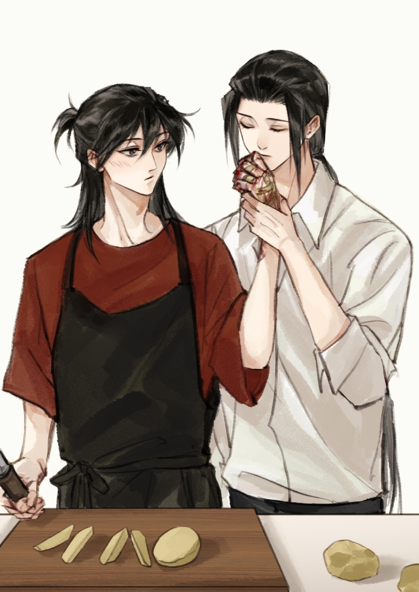 111218422 2boys absurdres alternate_costume alternate_universe apron bandaid bandaid_on_hand black_apron black_eyes black_hair black_pants blood blood_on_hands blush chinese_commentary closed_eyes closed_mouth collared_shirt contemporary cuts cutting_board dao_gui_yi_xian food hair_between_eyes half_updo highres holding holding_another&#039;s_wrist holding_knife injury kiss kissing_hand kitchen_knife knife li_huowang long_hair long_sleeves looking_at_another low_ponytail male_focus multiple_boys pants ponytail potato red_shirt shirt short_ponytail short_sleeves simple_background sleeves_rolled_up standing table white_background white_shirt yaoi zhuge_yuan