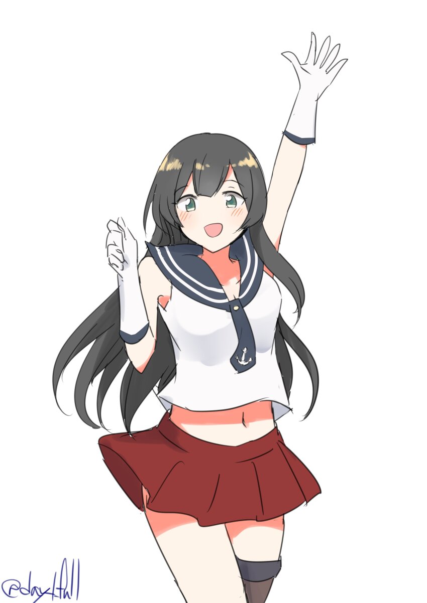 1girl absurdres agano_(kancolle) anchor_symbol asymmetrical_legwear black_hair black_sailor_collar gloves green_eyes highres kantai_collection long_hair no_dickey one-hour_drawing_challenge open_mouth pleated_skirt red_skirt robinson_(day_l_full) sailor_collar sailor_shirt school_uniform serafuku shirt simple_background single_thighhigh skirt sleeveless sleeveless_shirt solo thighhighs twitter_username uneven_legwear waving white_background white_gloves white_shirt