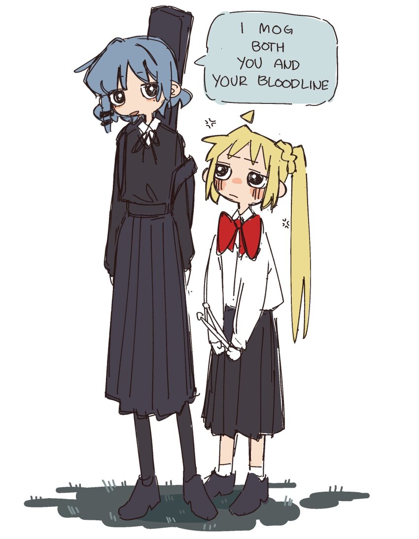 2girls absurdres ahoge anger_vein blonde_hair blue_hair bocchi_the_rock! bow bowtie detached_ahoge english_text hair_ornament hairclip highres ijichi_nijika instrument_case long_skirt machuuu68 medium_hair mole mole_under_eye multiple_girls pleated_skirt red_bow red_bowtie shirt side_ponytail skirt white_shirt yamada_ryo