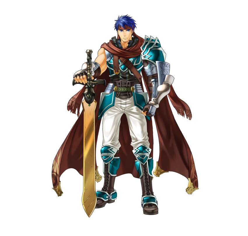 1boy absurdres armor blue_eyes blue_hair cape commentary_request fire_emblem fire_emblem:_radiant_dawn fire_emblem_heroes full_body headband highres ike_(fire_emblem) ike_(vanguard_legend)_(fire_emblem) kita_senri looking_at_viewer male_focus nintendo official_art planted planted_sword planted_weapon ragnell red_headband short_hair simple_background solo sword weapon white_background