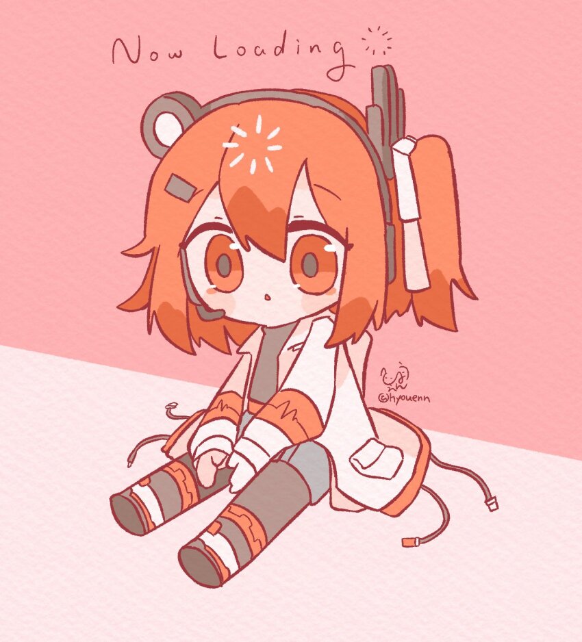 1girl a.i._voice adachi_rei cable chibi chibi_only chinese_commentary commentary english_text full_body hair_ribbon headlamp headset highres hyouenn jacket loading_icon long_sleeves medium_hair one_side_up open_mouth orange_eyes orange_hair radio_antenna ribbon signature sitting solo twitter_username utau white_jacket white_ribbon