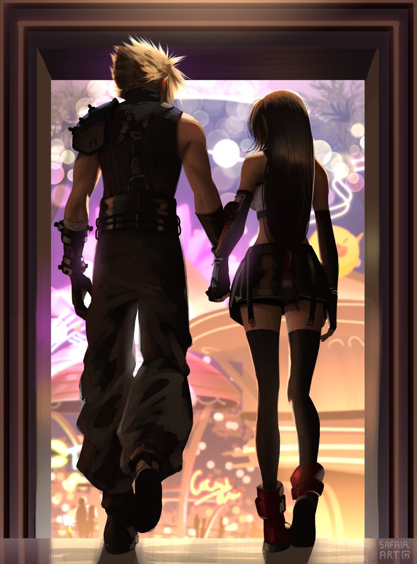 1boy 1girl absurdres armor artist_name baggy_pants bare_shoulders black_gloves black_hair black_skirt black_thighhighs blonde_hair blurry blurry_background boots cloud_strife commentary crop_top elbow_gloves english_commentary final_fantasy final_fantasy_vii final_fantasy_vii_rebirth final_fantasy_vii_remake fingerless_gloves from_behind full_body gloves height_difference highres holding_hands indoors light_particles long_hair low-tied_long_hair pants red_footwear safaia short_hair shoulder_armor single_bare_shoulder skirt sleeveless sleeveless_turtleneck spiked_hair sweater tank_top thighhighs tifa_lockhart turtleneck turtleneck_sweater walking white_tank_top zettai_ryouiki