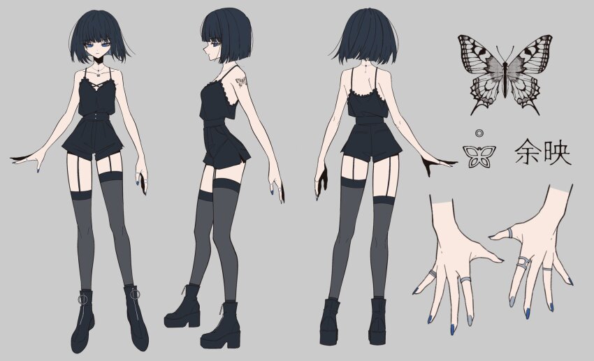 1girl bare_arms bare_shoulders black_boots black_garter_straps black_hair black_shorts black_tank_top black_thighhighs blue_eyes blue_nails boots breasts butterfly_necklace butterfly_tattoo closed_mouth collarbone commentary concentric_circles english_commentary face_piercing floating_hair from_behind from_side garter_straps grey_background highres indie_utaite jewelry lip_piercing looking_at_viewer medium_hair mei_32k1 multiple_rings multiple_views nail_polish necklace piercing reference_sheet ring shorts shoulder_tattoo simple_background small_breasts standing tank_top tattoo thighhighs translation_request yoei._(utaite)