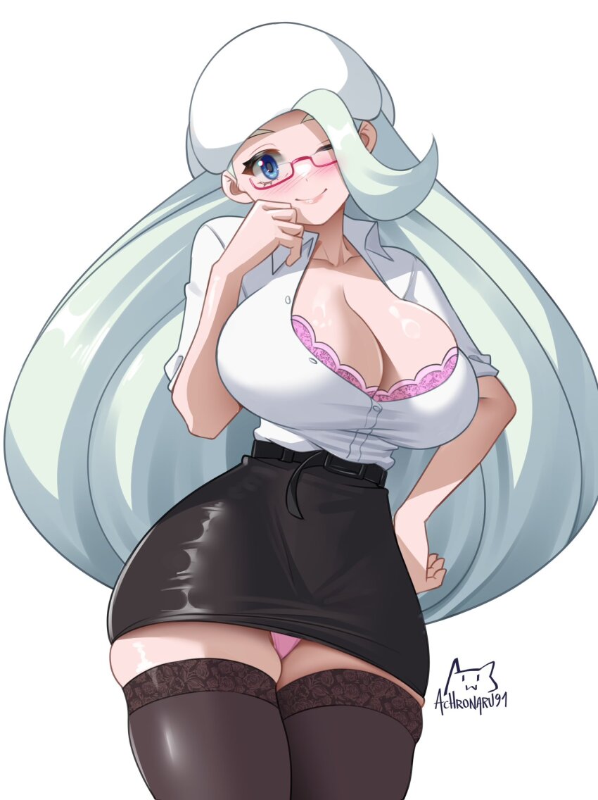1girl achromaru alternate_costume aqua_hair belt black_belt black_skirt black_thighhighs blue_eyes blush bra bra_peek breasts cleavage collarbone curvy glasses hand_on_own_hip hat highres lace lace-trimmed_bra lace_trim large_breasts long_hair looking_at_viewer mature_female melony_(pokemon) nintendo office_lady one_eye_closed panties panty_peek partially_unbuttoned pencil_skirt pink_bra pink_panties pokemon pokemon_swsh shirt short_sleeves skirt smile standing thighhighs underwear white_background white_hat white_shirt wide_hips wink