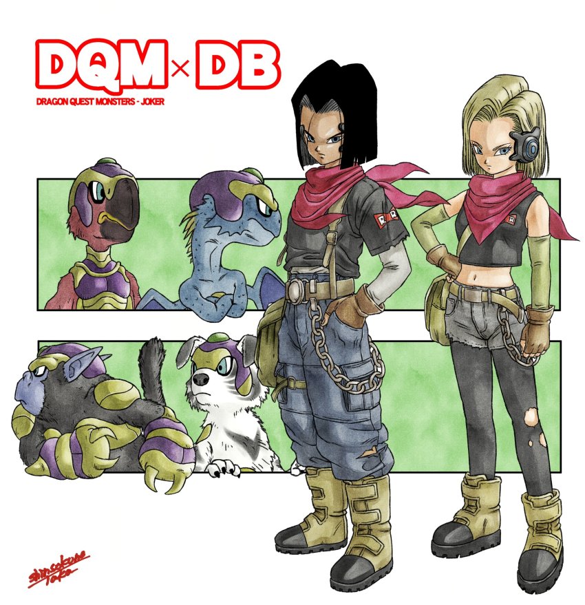 android_17 android_18 arm_warmers bag belt bird black_hair blonde_hair blue_eyes boots brother_and_sister chain creator_connection crossover dog dragon dragon_ball dragon_quest dragon_quest_monsters dragon_quest_monsters_joker dragonball_z fingerless_gloves frown gloves hand_in_pocket hand_on_own_hip highres midriff monkey navel neckerchief official_style pantyhose pantyhose_under_shorts red_neckerchief red_ribbon_army serious shinsokunotaka shirt shorts siblings signature sleeveless sleeveless_shirt toriyama_akira_(style) torn_clothes torn_pantyhose