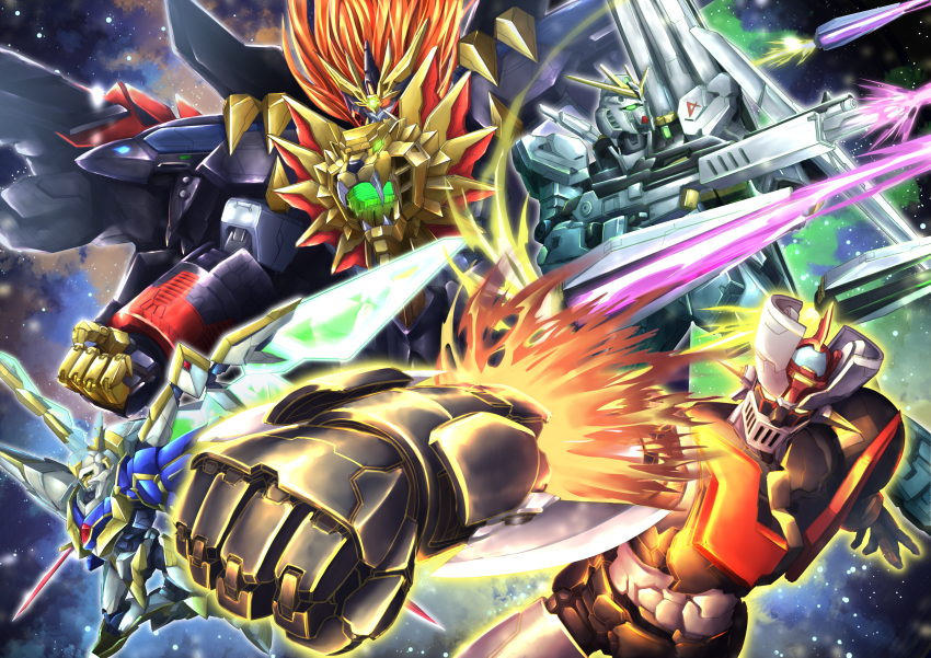 absurdres beam_rifle char&#039;s_counterattack code_geass code_geass:_fukkatsu_no_lelouch crossover energy_gun energy_wings fin_funnels firing flying genesic_gaogaigar gundam highres huge_filesize lancelot_(code_geass) lancelot_sin mazinger_(series) mazinger_z mazinger_z:_infinity mazinger_z_(mecha) mecha mobile_suit no_humans nu_gundam open_hand orange_eyes orange_hair robot rocket_punch science_fiction super_robot super_robot_wars super_robot_wars_30 troy_(oxaa01ex) v-fin weapon yellow_eyes yuusha_ou_gaogaigar yuusha_ou_gaogaigar_final yuusha_series
