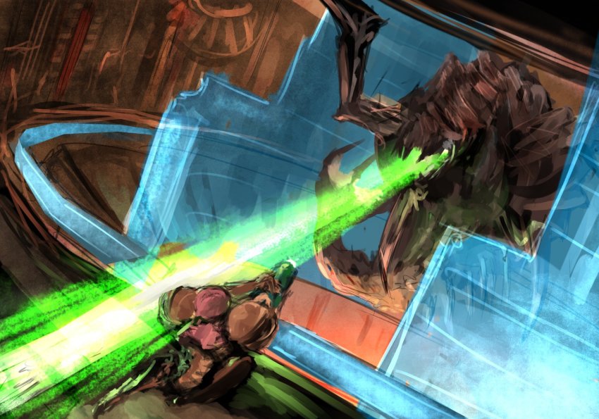 1girl acid acid_stream arm_cannon armor bug dutch_angle energy energy_beam fighting hanagemissile helmet highres bug laser metroid metroid_prime monster nintendo parasite_queen pauldrons power_armor samus_aran science_fiction shoulder_armor varia_suit weapon