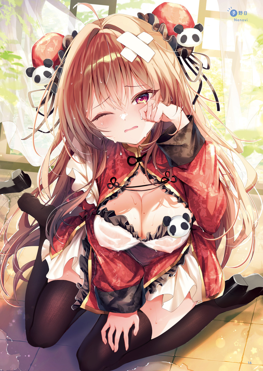 bandaid covered_erect_nipples high_heels highres nenobi_(nenorium) no_bra see-through_clothes thighhighs wet wet_clothes
