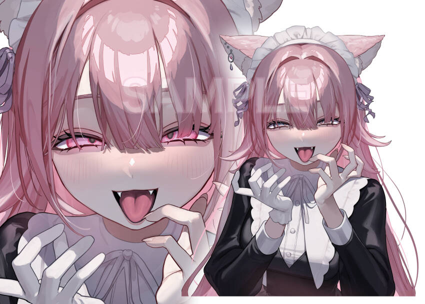 1girl amagiri_rian animal_ears black_dress blush breasts commentary_request dress fangs fox_ears gloves hair_ornament half-closed_eyes hands_up highres indie_virtual_youtuber large_breasts long_hair long_sleeves looking_at_viewer maid_headdress mayuri_kaichou open_mouth pink_hair purple_eyes sample_watermark shirt single_glove tongue tongue_out virtual_youtuber watermark white_gloves white_headdress white_shirt zoom_layer