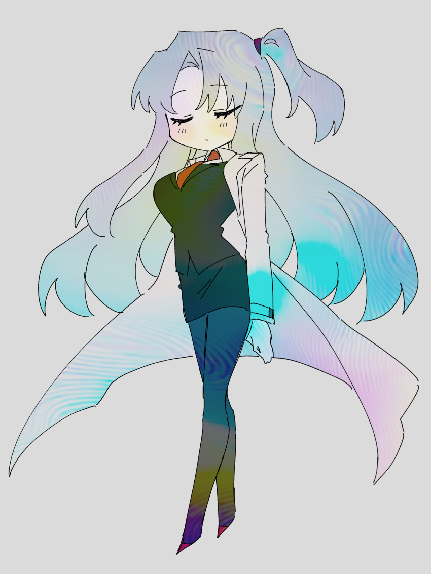 1girl angela_(project_moon) black_skirt black_vest blue_hair blush brown_pantyhose closed_eyes closed_mouth coat full_body gradient_hair grey_hair highres kitaku_(ienikaeru) lab_coat lobotomy_corporation long_hair long_sleeves multicolored_hair one_eye_closed one_side_up pantyhose pencil_skirt project_moon skirt solo very_long_hair vest white_coat