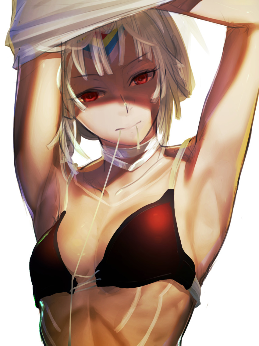 1girl altera_(fate) armpits arms_up bra breasts choker collarbone dark-skinned_female dark_skin fate/grand_order fate_(series) female_focus highres i-pan mouth_hold red_eyes silver_hair small_breasts solo underwear undressing white_background