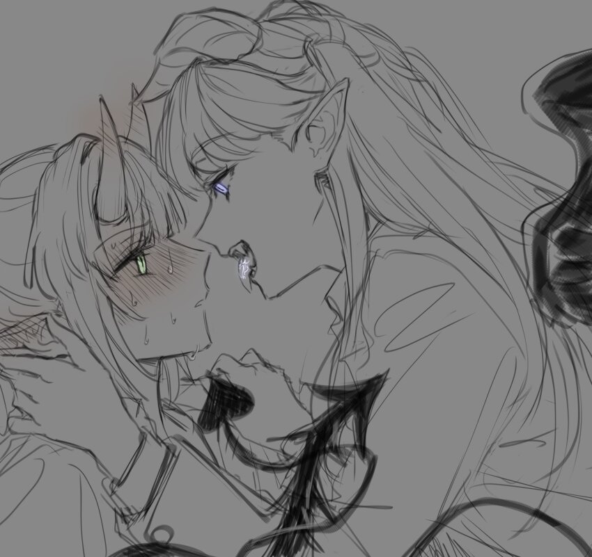 2girls blush commentary commentary_request demon_girl demon_horns demon_tail demon_wings ear_blush english_commentary eye_contact fangs feathered_wings formal_clothes fujishima_megumi grey_background greyscale hair_intakes hand_on_another&#039;s_ear highres horns jacket korean_commentary link!_like!_love_live! long_hair long_sleeves looking_at_another love_live! mixed-language_commentary monochrome multiple_girls nose_blush open_mouth otomune_kozue parted_lips partial_commentary pointy_ears profile purple_eyes sidelocks simple_background spot_color suit suit_jacket sweat tail tails_touching two_side_up upper_body wings yuri zenma_trang