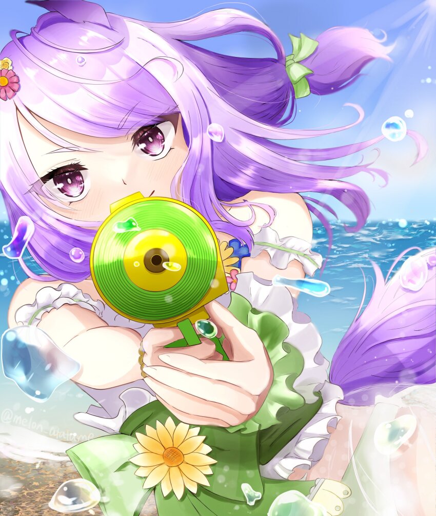 1girl animal_ears bare_shoulders ear_flower highres holding holding_water_gun horse_ears horse_girl horse_tail long_hair looking_at_viewer mejiro_mcqueen_(ripple_fairlady)_(umamusume) mejiro_mcqueen_(umamusume) naegi_happy official_alternate_costume official_alternate_hairstyle purple_eyes purple_hair solo swimsuit tail umamusume water_gun