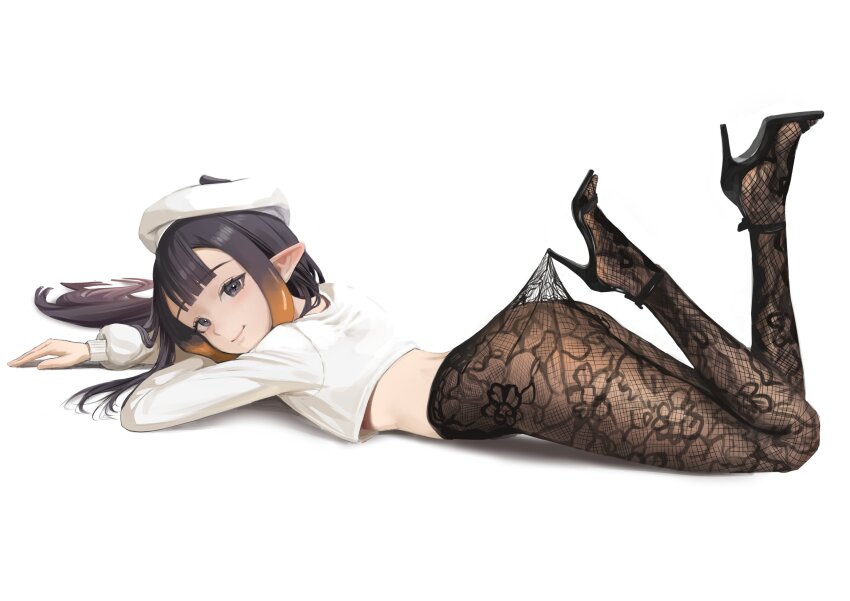 1girl absurdres alternate_costume ass beret black_shoes blue_eyes blunt_bangs commentary crop_top english_commentary from_side gradient_hair hair_spread_out hat head_rest high_heels highres hololive hololive_english lace_pantyhose lace_pantyhose_hooked_on_heel_(meme) long_hair long_sleeves looking_at_viewer lying meme mole mole_under_eye multicolored_hair ninomae_ina&#039;nis on_stomach orange_hair pantyhose pointy_ears purple_hair shirt shoes smile solo strappy_heels tanukidraws tentacle_hair tentacles virtual_youtuber white_background white_hat white_shirt