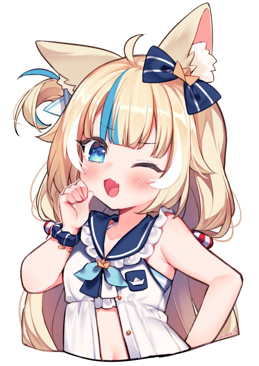 1girl :3 ahoge animal_ears blonde_hair blue_eyes blue_hair blush cat_ears dress fang highres indie_virtual_youtuber long_hair looking_at_viewer low_twintails multicolored_hair one_eye_closed one_side_up open_mouth sameko_saba sasha_chii skin_fang sleeveless sleeveless_dress smile solo streaked_hair twintails very_long_hair virtual_youtuber white_dress
