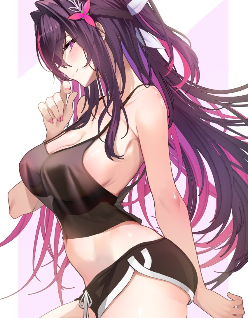 1girl azki_(hololive) bare_arms black_camisole black_hair black_shorts braid breasts camisole cleavage closed_mouth colored_inner_hair commentary_request crop_top dolphin_shorts double-parted_bangs from_side hair_intakes hair_ornament hairclip half_up_half_down_braid hand_up highres hololive large_breasts long_hair looking_at_viewer micro_shorts midriff multicolored_hair nail_polish navel no_bra omoti_(1201208) pink_hair pink_nails purple_eyes see-through_silhouette shorts sideboob sidelocks simple_background smile solo spaghetti_strap streaked_hair very_long_hair virtual_youtuber white_hair