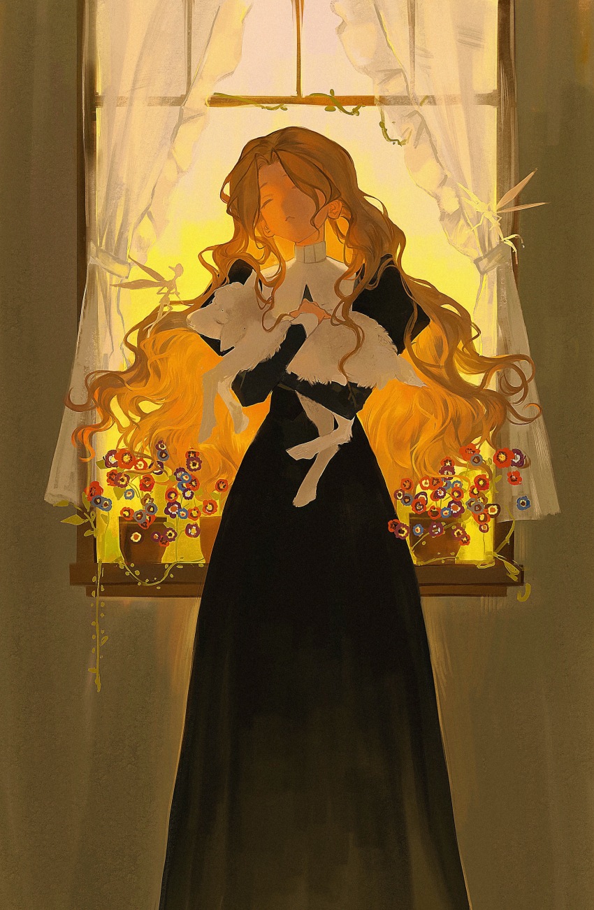 1girl 2others absurdres animal baby_animal big_hair black_dress blonde_hair chinese_commentary closed_eyes closed_mouth curtains day dress facing_to_the_side facing_up fairy feet_out_of_frame flower highres holding holding_animal indoors lamb long_hair long_sleeves multiple_others original plant potted_plant sheep size_difference standing sunlight very_long_hair vines window yaqing