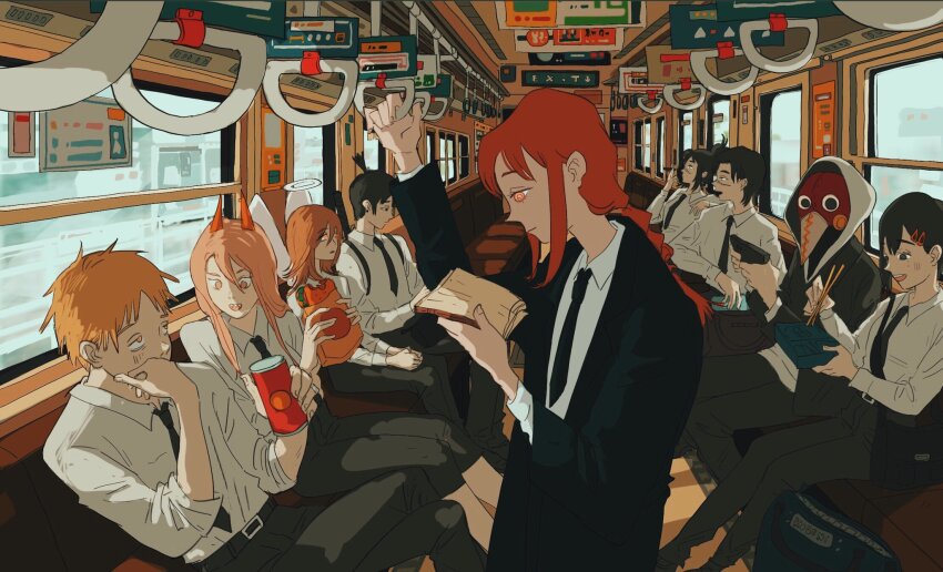 @_@ angel_devil_(chainsaw_man) black_coat book braid braided_ponytail burger can chainsaw_man chopsticks coat crossed_legs denji_(chainsaw_man) drink_can eating food formal_clothes hair_ornament hairpin halo hayakawa_aki higashiyama_kobeni highres hood hoodie horns kurose_yuutarou lan_(ngtblan) lunchbox makima_(chainsaw_man) mask multiple_boys multiple_girls necktie orange_eyes plague_doctor_mask power_(chainsaw_man) reading red_hair red_horns scabbard scar scar_on_face sheath sign sitting soda_can suit tendou_michiko topknot train_interior violence_fiend_(chainsaw_man) window wings