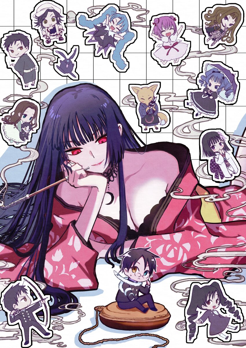 6+boys 6+girls :&lt; absurdres ame-warashi apron arrow_(projectile) black_dress black_hair black_mokona blonde_hair blue_eyes blue_hair blunt_ends bow_(weapon) breasts charm_(object) cleavage closed_eyes commentary_request doumeki_haruka doumeki_shizuka dress drill_hair glasses heterochromia highres hime_cut holding holding_bow_(weapon) holding_charm holding_smoking_pipe holding_umbrella holding_weapon ichihara_yuuko japanese_clothes jorougumo_(xxxholic) kimono kiseru kitsune_(xxxholic) kunogi_himawari large_breasts long_hair lying maru_(xxxholic) moro_(xxxholic) mugetsu_(xxxholic) multiple_boys multiple_girls nekomusume_(xxxholic) on_side pink_dress pink_hair pocket_watch red_eyes red_kimono school_uniform short_hair smoke smoking_pipe tsuyuri_kohane umbrella utuki04_nanasi watanuki_kimihiro watch weapon white_kimono xxxholic yellow_eyes yukata zashiki-warashi_(xxxholic)