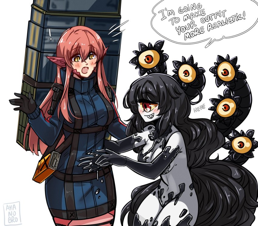 ! 2girls ayanobro black_gloves black_hair blush breasts colored_sclera commission cosplay crossover cyclops english_text extra_eyes fang gazer_(monster_girl_encyclopedia) gloves grin hair_between_eyes highres jumpsuit lamia large_breasts long_hair long_sleeves miia_(monster_musume) monster_girl monster_girl_encyclopedia monster_girl_encyclopedia_ii monster_musume_no_iru_nichijou multiple_girls one-eyed open_mouth pointy_ears red_eyes red_hair sam_porter_bridges sam_porter_bridges_(cosplay) sharp_teeth sidelocks simple_background slime_(substance) slit_pupils smile speech_bubble teeth very_long_hair white_background yellow_eyes yellow_sclera