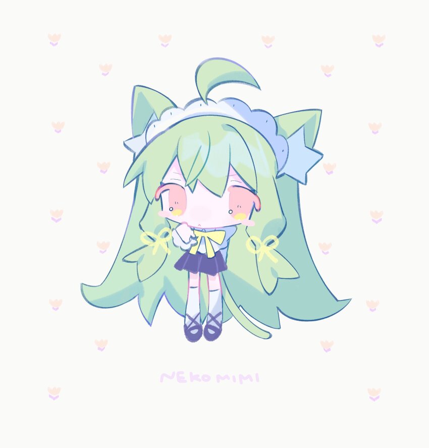 1girl ahoge animal_ear_fluff animal_ears bad_id bad_twitter_id black_shoes black_skirt blush cat_girl cat_tail chibi closed_mouth fpwrs full_body green_hair hair_between_eyes highres long_hair long_sleeves looking_at_viewer maid_headdress neck_ribbon orange_eyes original pleated_skirt ribbon shoes skirt socks solo standing tail very_long_hair white_socks yellow_ribbon