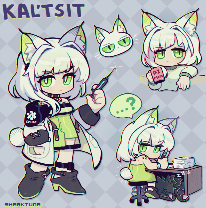 ... ...? 1girl ? alternate_costume animal_ears animalization argyle_background argyle_clothes arknights artist_name bare_shoulders black_footwear boots cat cat_ears cat_girl cat_tail character_name chibi coat commentary cropped_torso cup dress emphasis_lines english_commentary from_behind full_body green_dress green_eyes green_sweater grey_background hair_intakes hand_in_pocket high_heel_boots high_heels highres holding holding_cup holding_pen holding_syringe kal&#039;tsit_(arknights) looking_at_viewer material_growth mon3tr_(arknights) mon3tr_(summon)_(arknights) mug mug_writing multiple_views off-shoulder_dress off_shoulder open_clothes open_coat oripathy_lesion_(arknights) paper_stack pen raised_eyebrow sharktuna sitting slit_pupils spoken_ellipsis spoken_question_mark standing stool sweater syringe tail watch white_coat wristwatch writing zzz