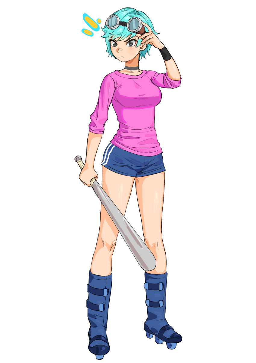 1girl absurdres adjusting_eyewear arm_at_side arm_up baseball_bat black_eyes blue_boots blue_hair blue_shorts boots breasts choker closed_mouth commentary double_vertical_stripe english_commentary eyebrows_hidden_by_hair frown full_body furrowed_brow glaring goggles goggles_on_head grey_choker hair_flaps half-closed_eyes hand_on_own_head highres invisible_floor knees legs_apart light_blush long_eyelashes long_legs looking_to_the_side matheus_felipe medium_breasts metal_baseball_bat narrowed_eyes notice_lines parted_hair pink_shirt ramona_flowers roller_skates scott_pilgrim_(comics) scott_pilgrim_(series) shirt short_hair short_shorts shorts sidelocks simple_background skates solo standing swept_bangs thick_eyelashes thighs three-quarter_sleeves tsurime turning_head v-shaped_eyebrows white_background wrist_guards